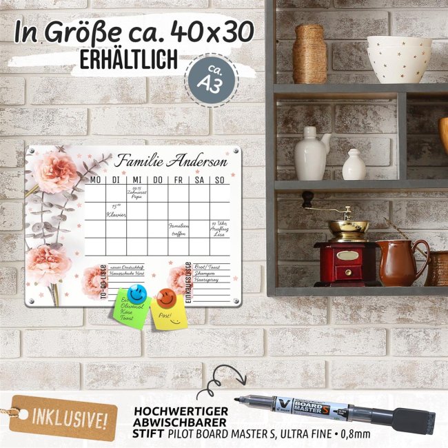 Wochenplaner - mit Text personalisieren - Blumen - Metallschild magnetisch A3 inkl. abwischbarem Stift