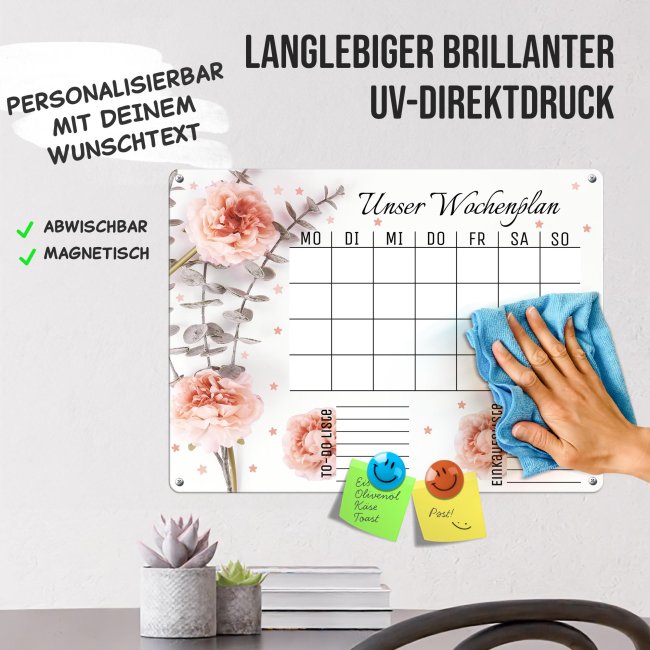 Wochenplaner - mit Text personalisieren - Blumen - Metallschild magnetisch A3 inkl. abwischbarem Stift