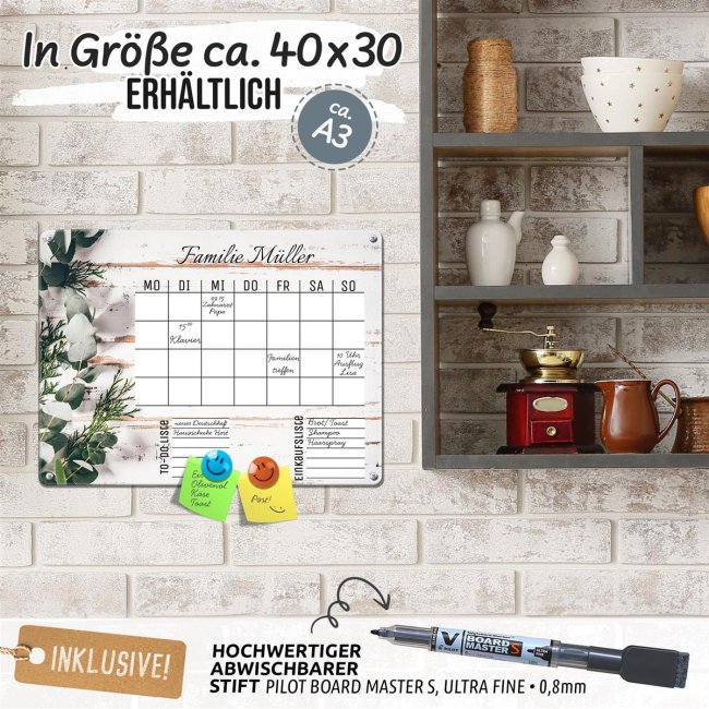 Wochenplaner - mit Text personalisieren - Holz-Vintage - Metallschild magnetisch A3 inkl. abwischbarem Stift