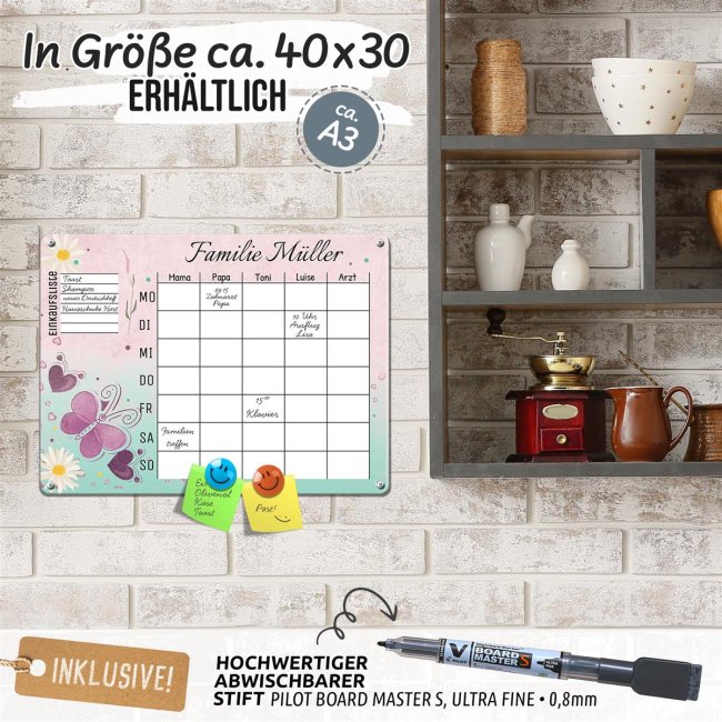 Familienplaner - mit Namen und Text personalisieren - Schmetterling - Metallschild magnetisch A3 inkl. abwischbarem Stift