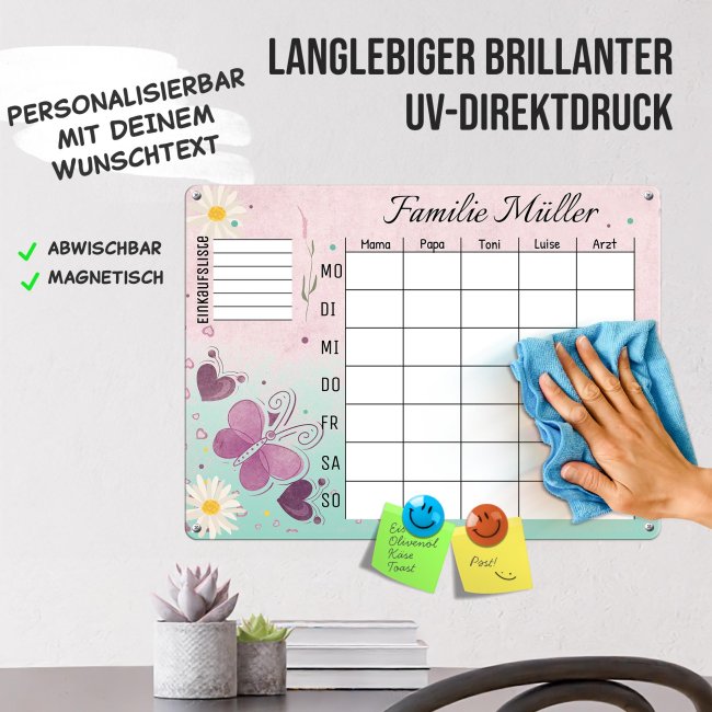 Familienplaner - mit Namen und Text personalisieren - Schmetterling - Metallschild magnetisch A3 inkl. abwischbarem Stift