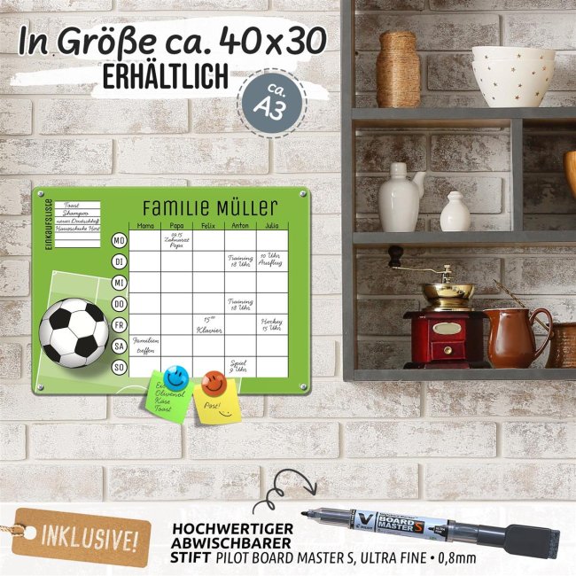 Familienplaner - mit Namen und Text personalisieren - Fu&szlig;ball - Metallschild magnetisch A3 inkl. abwischbarem Stift