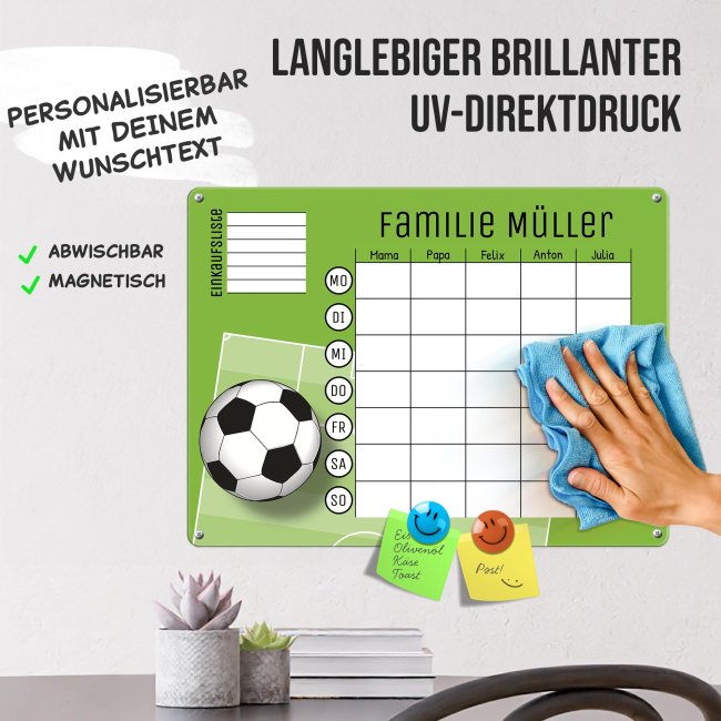 Familienplaner - mit Namen und Text personalisieren - Fu&szlig;ball - Metallschild magnetisch A3 inkl. abwischbarem Stift