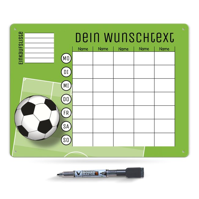 Familienplaner - mit Namen und Text personalisieren - Fußball - Metallschild magnetisch A3 inkl. abwischbarem Stift