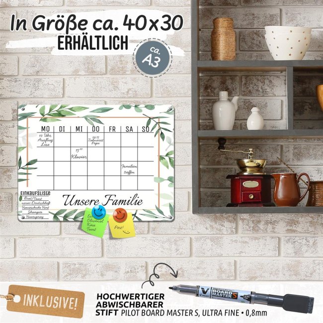 Wochenplaner - mit Text personalisieren - Pflanzen - Metallschild magnetisch A3 inkl. abwischbarem Stift