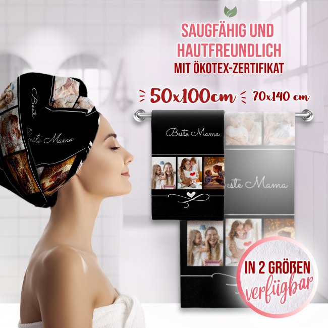 Handtuch bedrucken - Collage mit 6 Fotos und Text - Hochformat 100 x 50 cm, schwarz