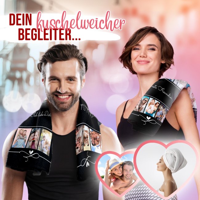 Handtuch bedrucken - Collage mit 6 Fotos und Text - Hochformat 100 x 50 cm, schwarz
