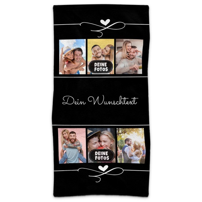 Handtuch bedrucken - Collage mit 6 Fotos und Text - Hochformat 100 x 50 cm, schwarz