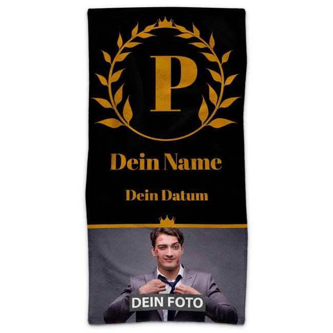 Handtuch personalisieren - mit Foto, Name, Datum und Initiale - Hochformat 100 x 50 cm, schwarz