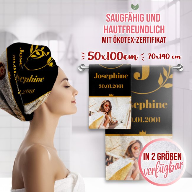 Handtuch personalisieren - mit Foto, Name, Datum und Initiale - Hochformat 100 x 50 cm, schwarz