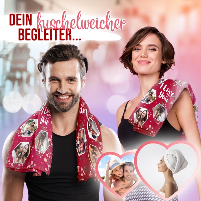 Personalisiertes Handtuch - I love you - mit 6 Fotos - in zwei Gr&ouml;&szlig;en