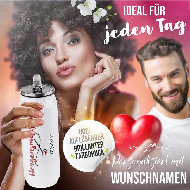 Edelstahl-Trinkflasche mit Name - Herzensmensch - Cola-Dose, Wei&szlig; 420 ml