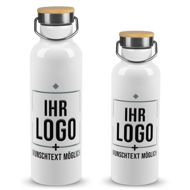 Edelstahl-Trinkflasche - mit Logo und Text gestalten - Wei&szlig; mit Bambusdeckel - verschiedene Gr&ouml;&szlig;en
