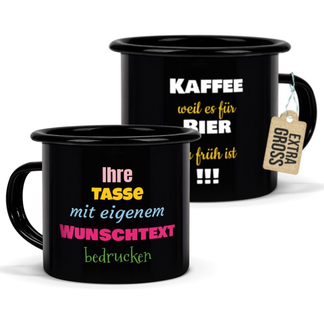 Personalisierte Emaille-Tasse - mit Wunschtext - schwarz - verschiedene Gr&ouml;&szlig;en