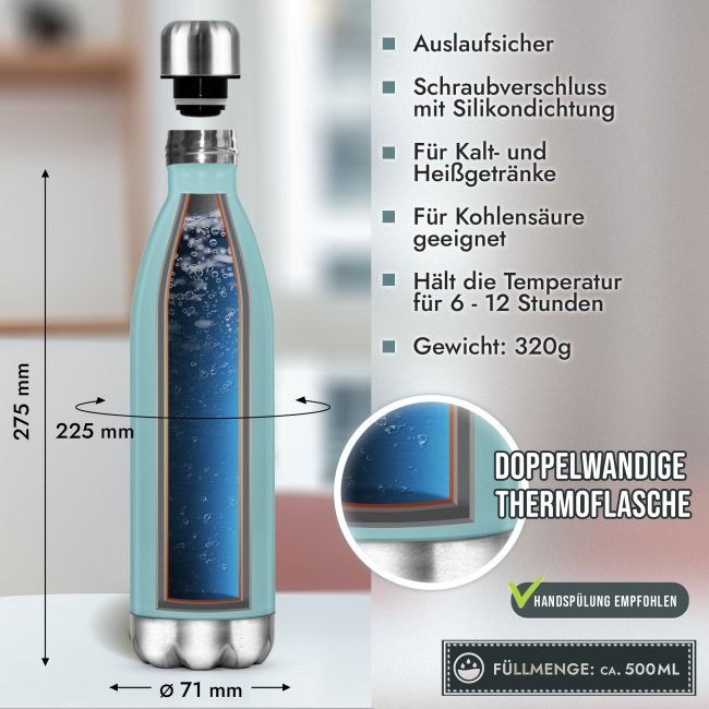 Trinkflasche aus Edelstahl - mit Name selbst gestalten - Hellblau, 500 ml