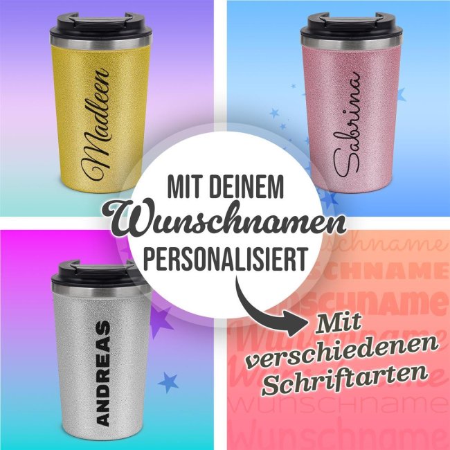 Glitzer-Edelstahlbecher mit Name selbst gestalten - 350 ml - in 4 Farben