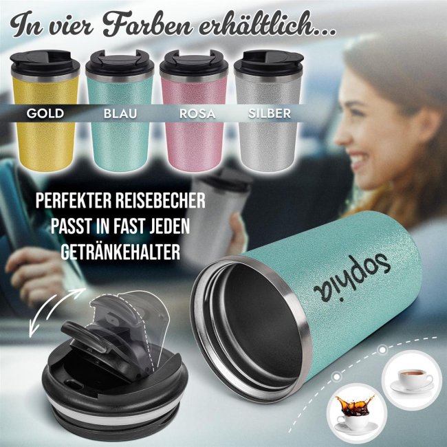 Glitzer-Edelstahlbecher mit Name selbst gestalten - 350 ml - in 4 Farben