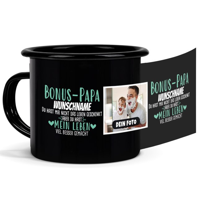 Schwarze Emaille-Tasse f&uuml;r den Bonuspapa - mit Foto und Name