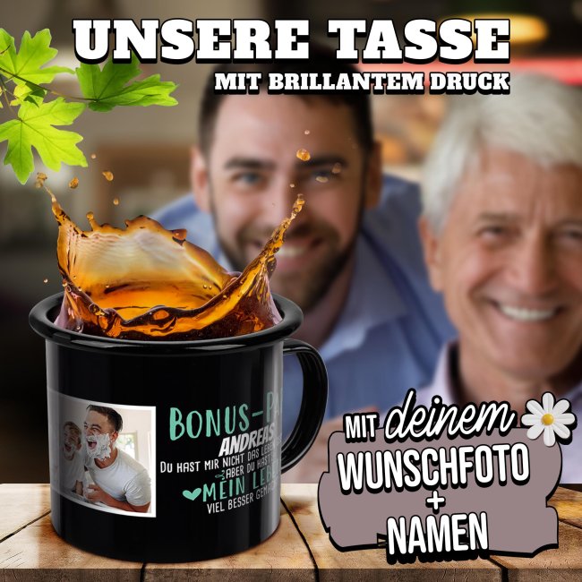 Schwarze Emaille-Tasse f&uuml;r den Bonuspapa - mit Foto und Name