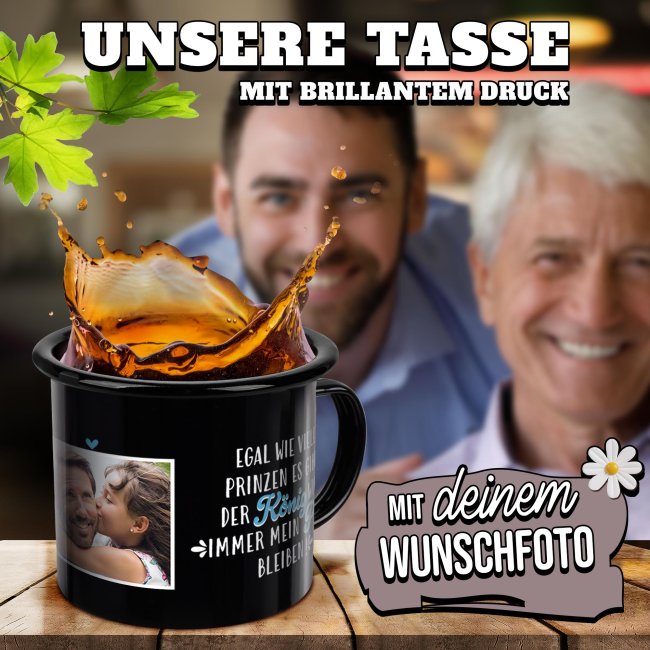 Schwarze Emaille-Tasse f&uuml;r Papa von Tochter - Papa ist mein K&ouml;nig - mit Foto