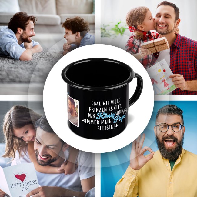 Schwarze Emaille-Tasse f&uuml;r Papa von Tochter - Papa ist mein K&ouml;nig - mit Foto - 300 ml