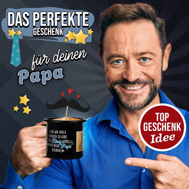 Schwarze Emaille-Tasse f&uuml;r Papa von Tochter - Papa ist mein K&ouml;nig - mit Foto - 300 ml