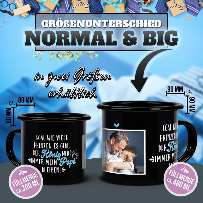 Schwarze Emaille-Tasse f&uuml;r Papa von Tochter - Papa ist mein K&ouml;nig - mit Foto - 300 ml