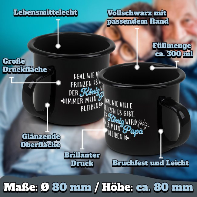Schwarze Emaille-Tasse f&uuml;r Papa von Tochter - Papa ist mein K&ouml;nig - mit Foto - 300 ml