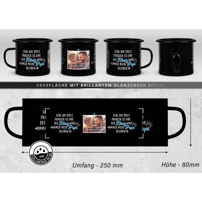 Schwarze Emaille-Tasse f&uuml;r Papa von Tochter - Papa ist mein K&ouml;nig - mit Foto - 300 ml