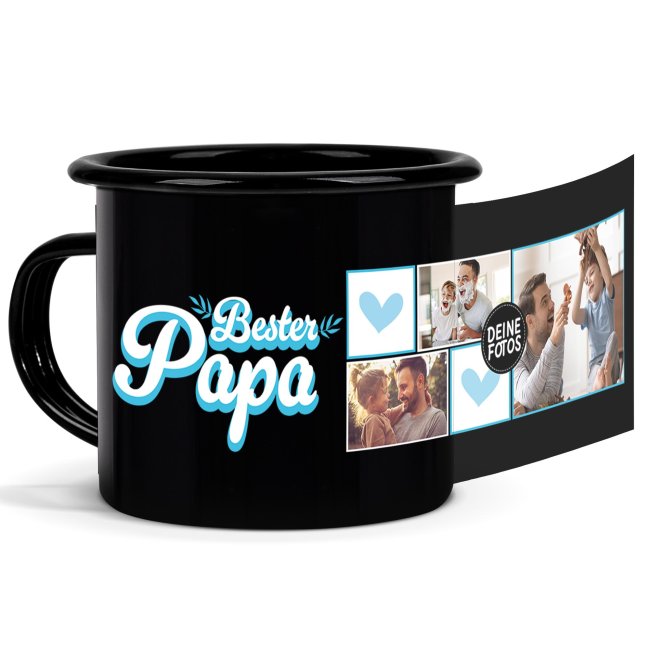 Schwarze Emaille-Tasse - Bester Papa - mit drei Fotos