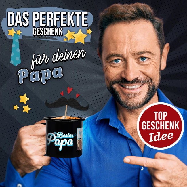 Schwarze Emaille-Tasse - Bester Papa - mit drei Fotos