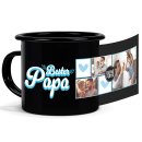 Schwarze Emaille-Tasse - Bester Papa - mit drei Fotos