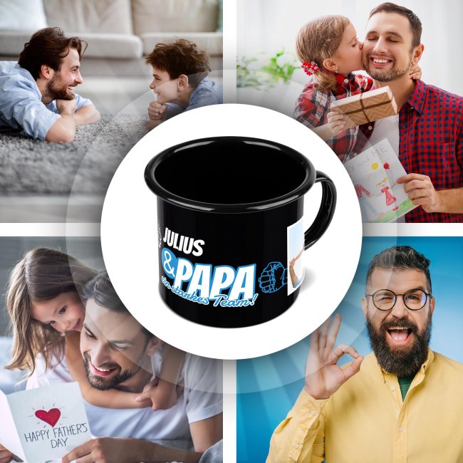 Emaille-Tasse schwarz f&uuml;r Papa - Starkes Team - mit Name und Fotos