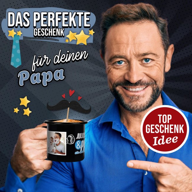 Emaille-Tasse schwarz f&uuml;r Papa - Starkes Team - mit Name und Fotos