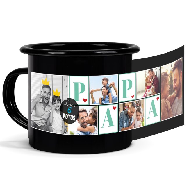 Schwarze Emaille-Tasse - Papa - mit sechs Fotos bedruckt