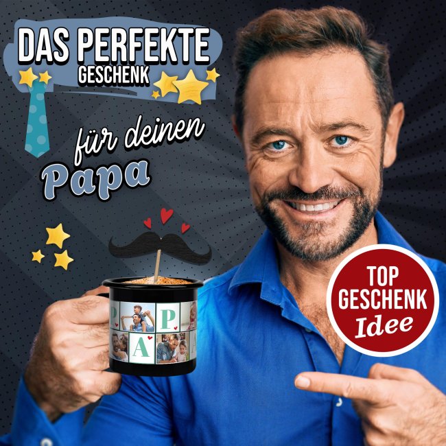 Schwarze Emaille-Tasse - Papa - mit sechs Fotos bedruckt