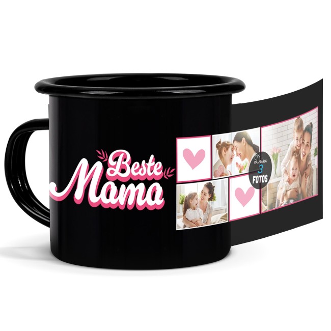 Emaille-Tasse schwarz - Beste Mama - mit drei Fotos