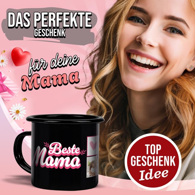 Emaille-Tasse schwarz - Beste Mama - mit drei Fotos