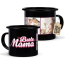 Emaille-Tasse schwarz - Beste Mama - mit drei Fotos