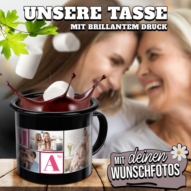 Emaille-Tasse schwarz - Mama - mit sechs Fotos bedruckt