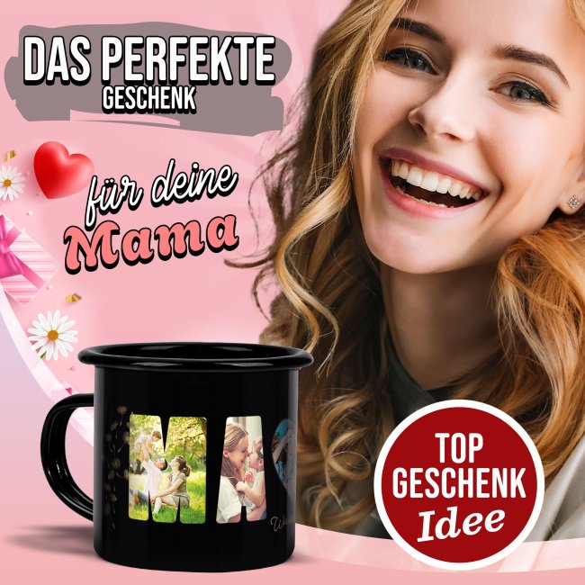 Schwarze Tasse aus Emaille - Wir lieben dich, Mama - mit 5 Fotos