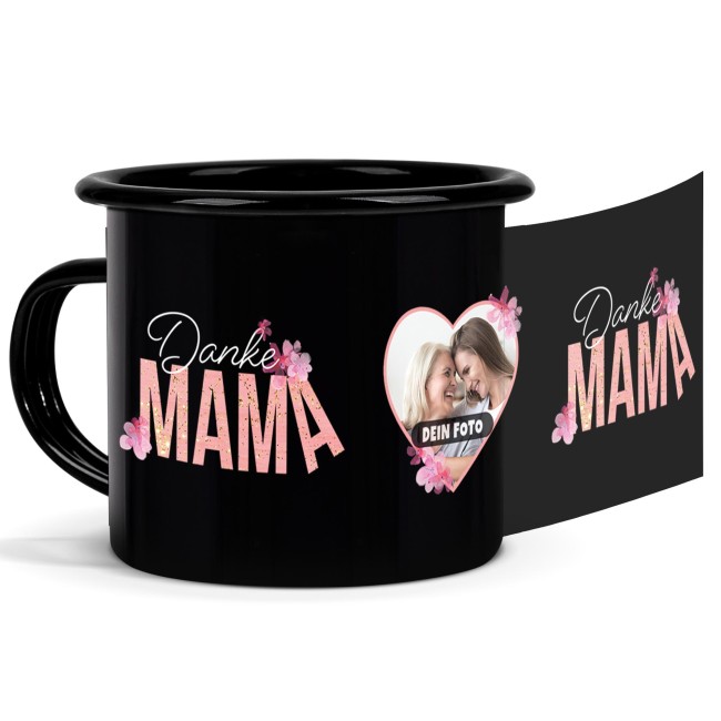 Emaille-Tasse schwarz - Danke Mama - mit Foto bedruckt