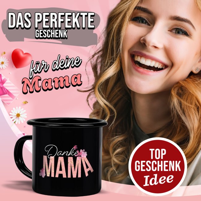 Emaille-Tasse schwarz - Danke Mama - mit Foto bedruckt