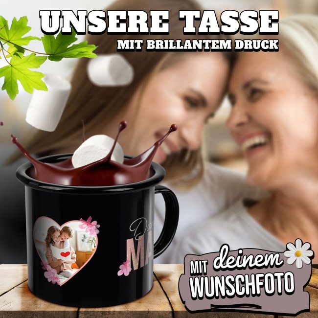 Emaille-Tasse schwarz - Danke Mama - mit Foto bedruckt