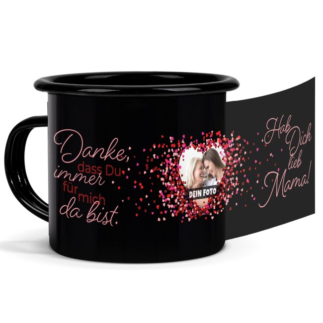 Schwarze Emaille-Tasse f&uuml;r Mama - Danke f&uuml;r alles - mit Foto gestalten