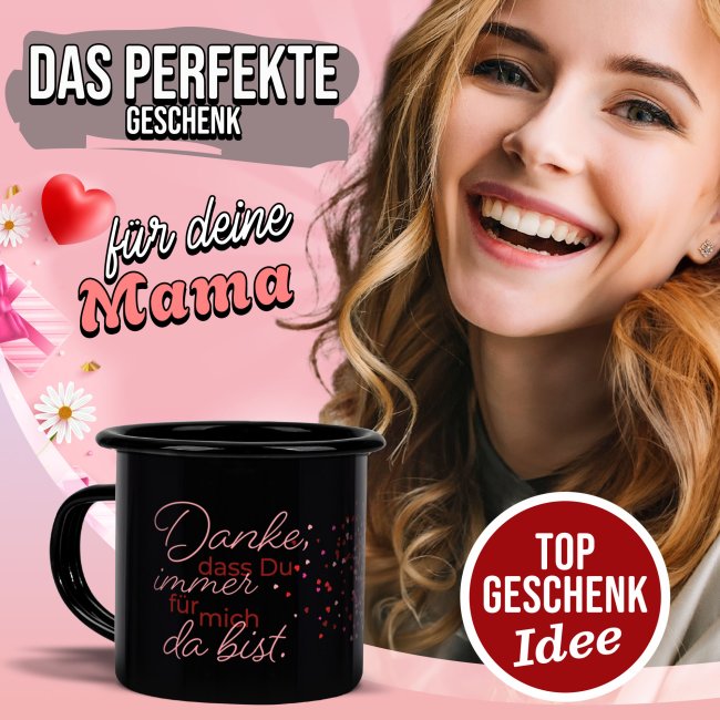 Schwarze Emaille-Tasse f&uuml;r Mama - Danke f&uuml;r alles - mit Foto gestalten