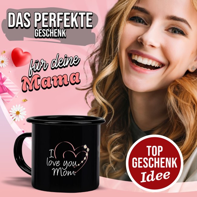 Emaille-Tasse schwarz f&uuml;r Mama - I love you - mit Foto bedruckt