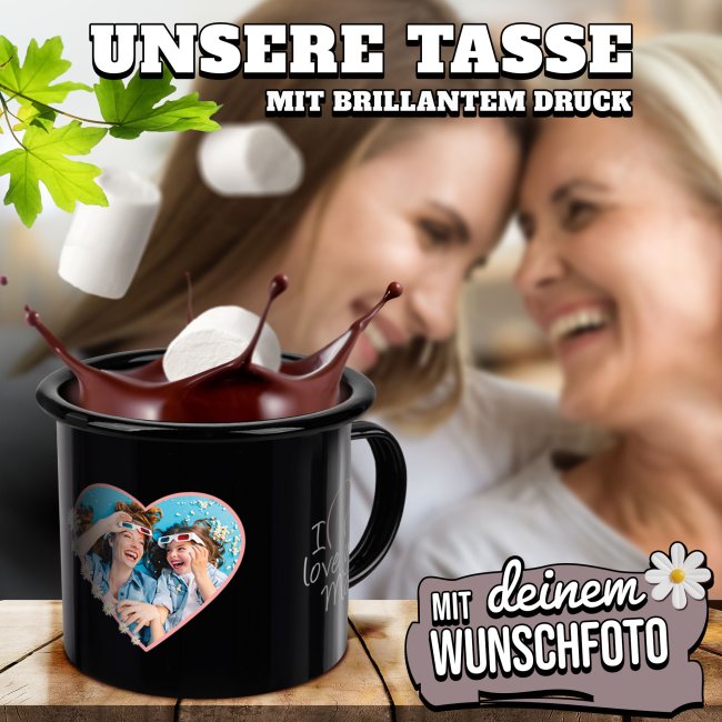 Emaille-Tasse schwarz f&uuml;r Mama - I love you - mit Foto bedruckt