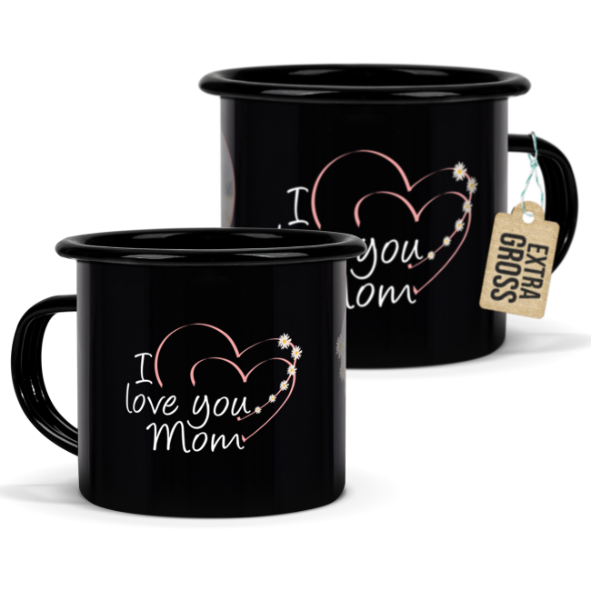 Emaille-Tasse schwarz für Mama - I love you - mit Foto bedruckt