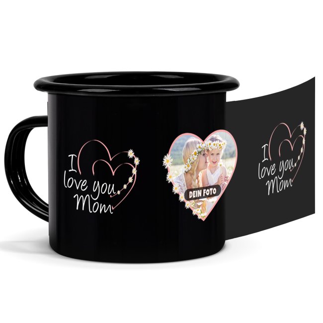 Emaille-Tasse schwarz für Mama - I love you - mit Foto bedruckt